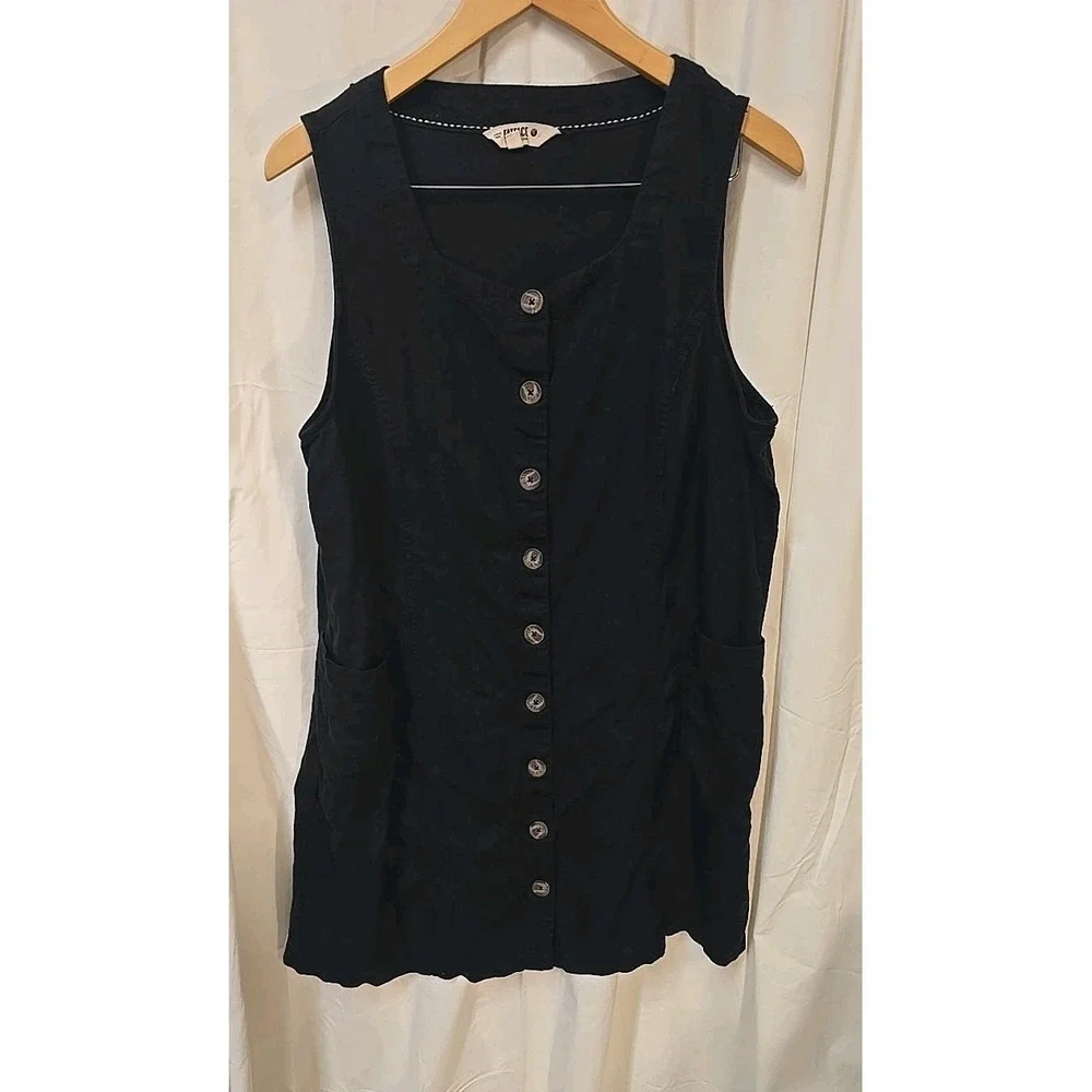 FatFace Binny Black Button Linen Dress Cottagecore L Quiet Luxury‎